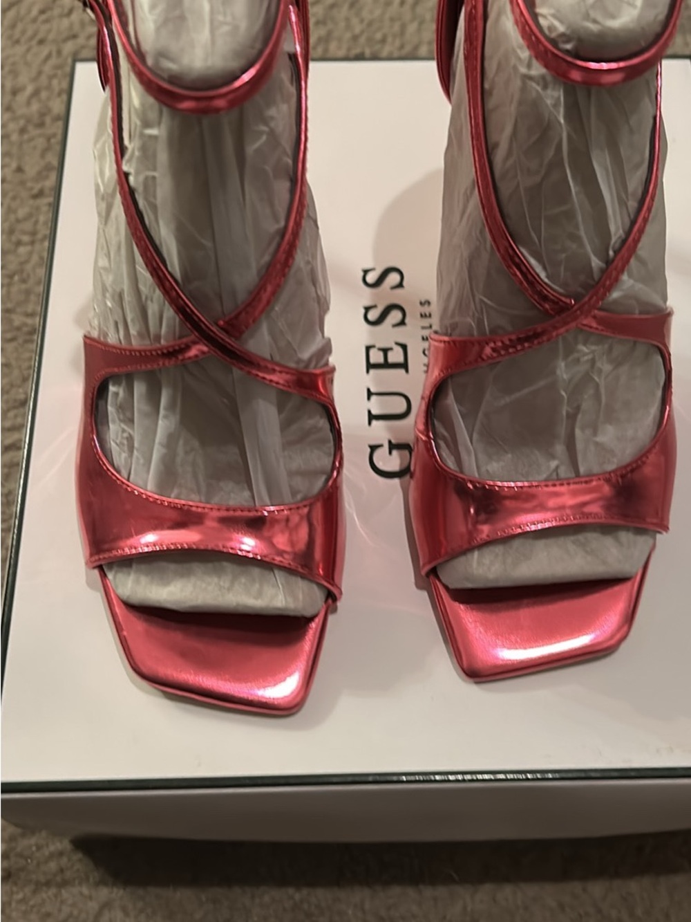 GUESS Metallic Rose Pink Strappy Block Heel Sandals